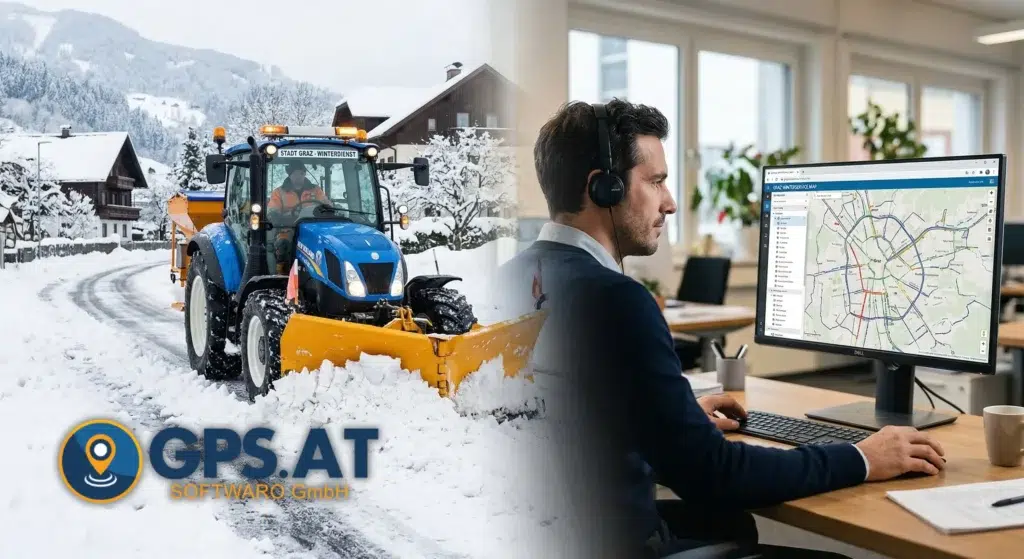 Winterdienst-Einsatz mit einem Traktor beim Schneeräumen und einem Mitarbeiter im Büro, der die Strecke per Bauhof-Manager-Software und Telematik am PC überwacht.